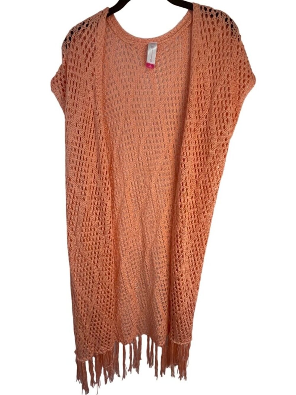 no boundaries cardigan sweater open front knit fringe peach acrylic size 7 READ